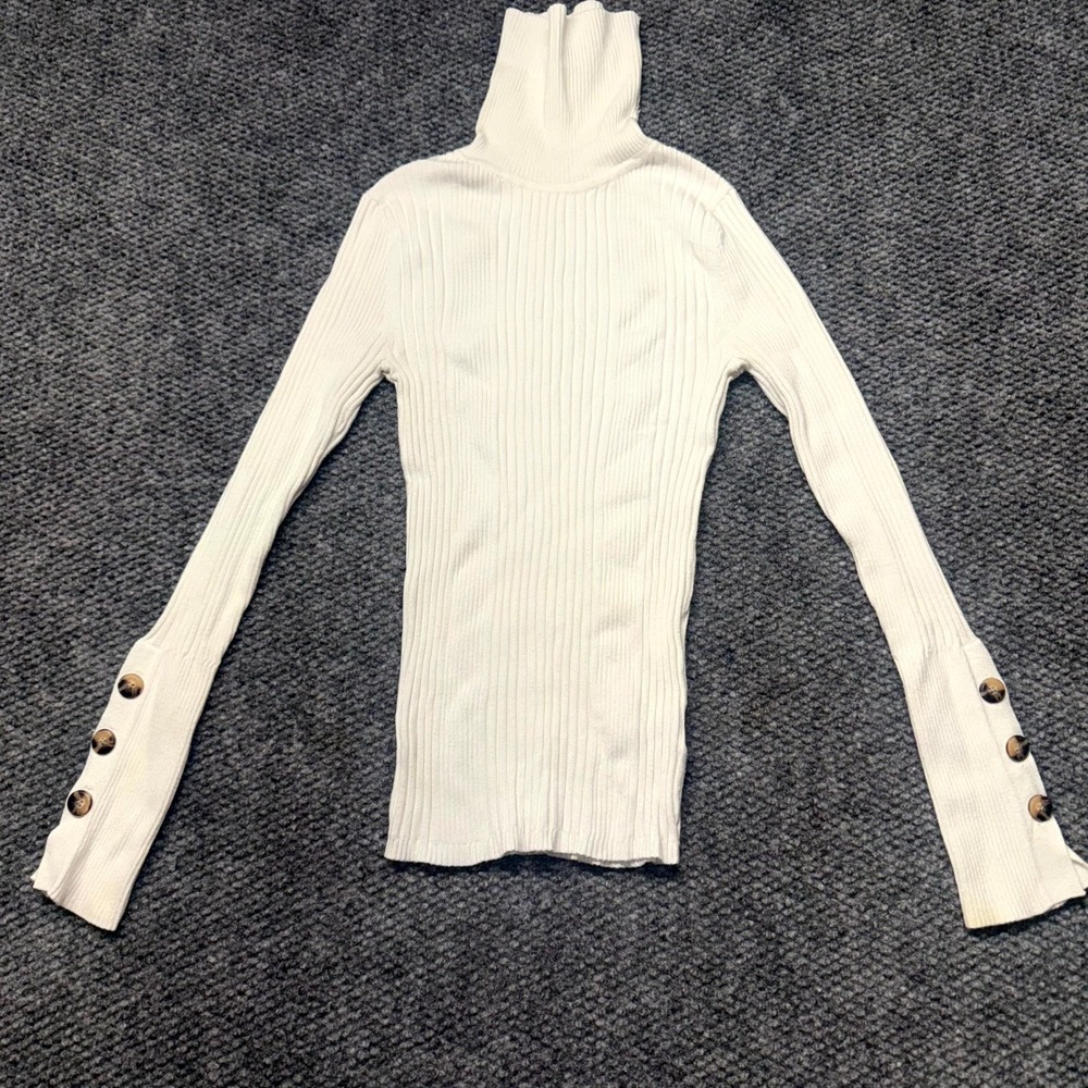 Moth By Anthropologie Sweater Women's XS White Ribbed Button Sleeve Turtleneck